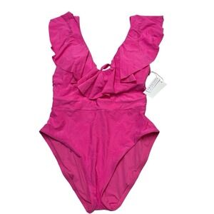 Trina Turk Swimsuit 6 Venus Pink‎ Sway Ruffle Plunge 1 Piece Resort Vacation